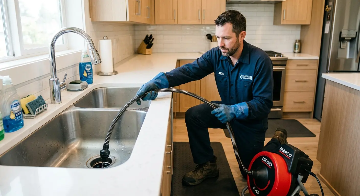 Drain cleaning technician using a motorized snake on a kitchen sink in Folcroft