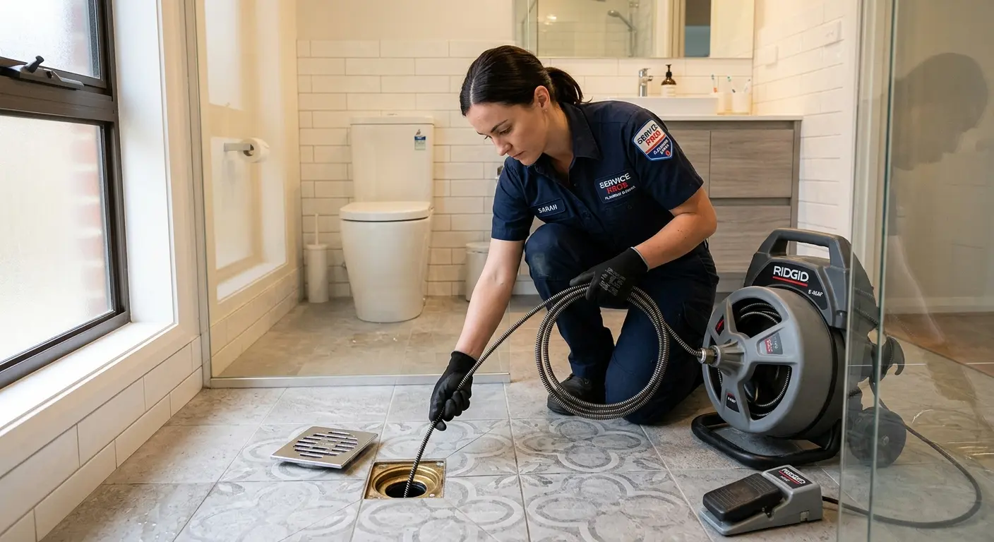 Technician clearing a bathroom floor drain for Drain Repair in Folcroft